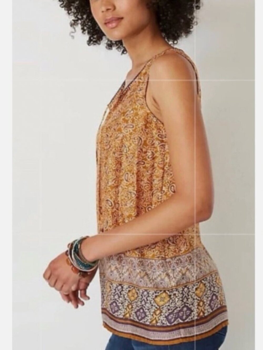 J Jill Canyon Border Print Tank Top Tigers Eye Woodcut Paisley Womens M Boho